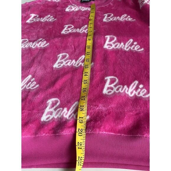 Barbie Pink Plush Fleece Sweatshirt Women's Size L Soft Logo All Over Crewneck - Picture 6 of 10